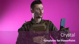  Presentation with nostalgia - Cool new PPT theme with army soldier using smartphone to contact family or girlfriend communication and nostalgia concept pink background backdrop and a violet colored foreground