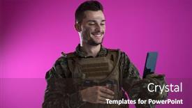  Presentation with nostalgia - Slide set having army soldier using smartphone to contact family or girlfriend communication and nostalgia concept pink background background and a tawny brown colored foreground
