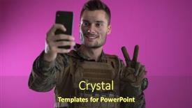  Presentation with family communication - Audience pleasing presentation design consisting of army soldier using smartphone to contact family or girlfriend communication and nostalgia concept pink background backdrop and a tawny brown colored foreground