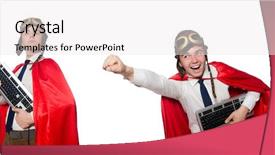  Presentation with hero - Slide set having army strong - funny hero with keyboard isolated background and a  colored foreground