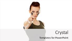  Presentation with military security camera - Beautiful theme featuring army strong - young soldier woman pointing backdrop and a white colored foreground