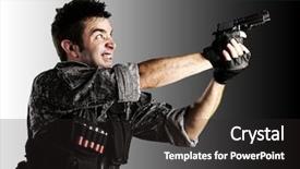  Presentation with shooting gun - PPT theme having army woman power - portrait of young soldier shooting background and a dark gray colored foreground