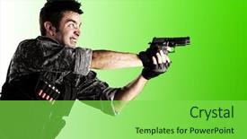  Presentation with shooting gun - Audience pleasing slide set consisting of army woman power - portrait of young soldier shooting backdrop and a seafoam green colored foreground