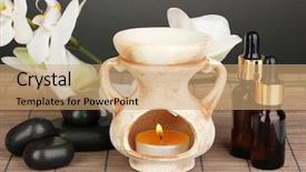  Presentation with aromatherapy - Amazing theme having aroma oil - aromatherapy lamp on grey background backdrop and a coral colored foreground