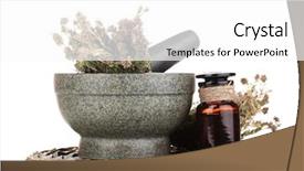  Presentation with mortar - Slides consisting of thyme herb and mortar on wicker mat isolated on white background and a white colored foreground