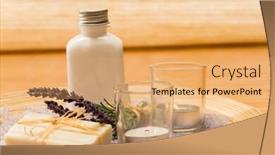  Presentation with aromatherapy - PPT theme featuring aromatherapy lavender cosmetic products with candles on wooden tray background and a yellow colored foreground