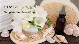  Presentation with aromatherapy - PPT theme featuring aromatherapy spa treatment with freesia flower blossom with bathroom accessories and sea shells background and a lemonade colored foreground