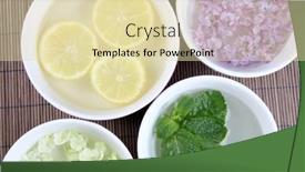  Presentation with water bamboo - PPT theme having aromatherapy-treatment-bowls-with-flowers background and a soft green colored foreground