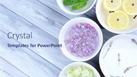  Presentation with water treatment - Audience pleasing PPT theme consisting of aromatherapy-treatment-bowls-with-flowers backdrop and a sky blue colored foreground