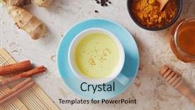  Presentation with milk tea - Beautiful slide deck featuring aromatic turmeric golden milk tea backdrop and a coral colored foreground