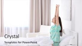  Presentation with light - Cool new slides with arousal - young beautiful woman awaking backdrop and a sky blue colored foreground