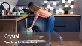  Presentation with kitchen - Presentation theme with arranged - beautiful young smiling woman doing background and a tawny brown colored foreground