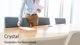  Presentation with conference table microphones - Slide deck having arranged - midsection of young businesswoman arranging background and a  colored foreground