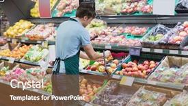  Presentation with grocery - Cool new PPT theme with arranged - shop assistant arranging shelves backdrop and a coral colored foreground