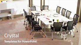  Presentation with teachers working around a table - Slide deck having arranged around empty boardroom table background and a  colored foreground