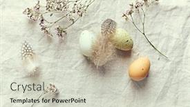  Presentation with linen - Amazing slide deck having arrangement-of-easter-eggs-feathers backdrop and a soft green colored foreground