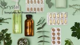  Presentation with plants - Colorful presentation enhanced with arrangement of organic pills creams and plants backdrop and a mint green colored foreground