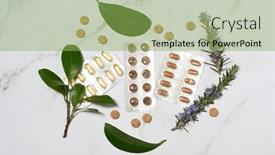  Presentation with capsules - Presentation theme enhanced with arrangement-of-organic-pills-tablets background and a  colored foreground