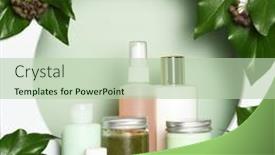  Presentation with ivy - PPT theme featuring arrangement-of-skin-care-products background and a mint green colored foreground