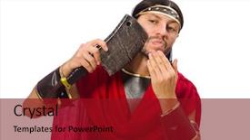  Presentation with gladiator - Presentation featuring arrasment - gladiator shaves his face isolated background and a  colored foreground