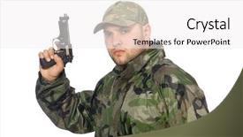  Presentation with gun - Cool new PPT layouts with arrasment - solider holding gun isolated backdrop and a white colored foreground