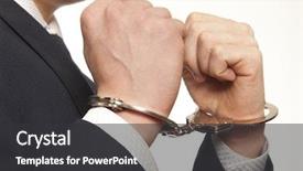  Presentation with handcuffed - Presentation theme featuring arrested business man handcuffed hands background and a dark gray colored foreground