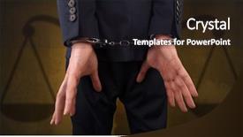  Presentation with justice - Audience pleasing presentation design consisting of arrested businessman in handcuffs backdrop and a dark gray colored foreground