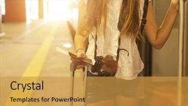  Presentation with train railway - PPT layouts featuring arrival board - young tourist girl with photocamera background and a gold colored foreground