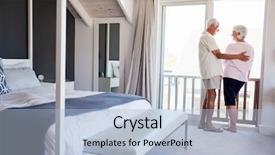  Presentation with senior couple - Presentation design with arriving at summer vacation rental background and a light blue colored foreground