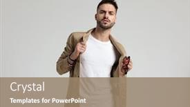 Presentation with grey - Presentation theme featuring arrogant-young-casual-man-holding background and a coral colored foreground
