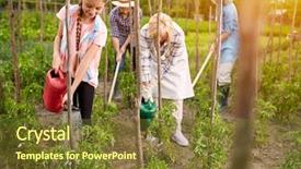  Presentation with rural farms and towns - Slide deck with arrosage agriculture - diligent rural family watering seedlings background and a tawny brown colored foreground