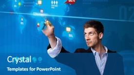  Presentation with social media - Colorful theme enhanced with arrow events - businessman pressing social media button backdrop and a ocean colored foreground