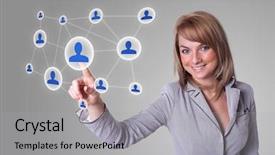  Presentation with network social media sns internet - Presentation design featuring arrow events - woman hand pressing social network background and a light gray colored foreground