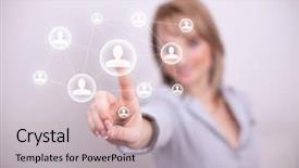  Presentation with net - Audience pleasing presentation theme consisting of arrow events - woman pressing social net button backdrop and a light gray colored foreground