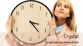  Presentation with clock - Theme consisting of career timeline - young attractive woman holds background and a  colored foreground