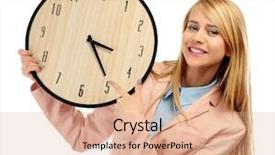  Presentation with clock - Presentation theme with career timeline - young attractive woman holds background and a coral colored foreground
