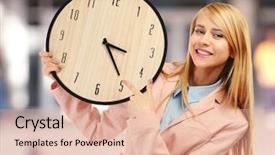  Presentation with timeline - Cool new slide set with career timeline - young attractive woman holds backdrop and a lemonade colored foreground