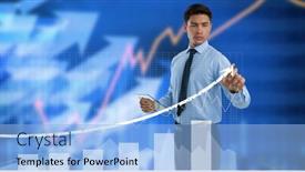  Presentation with digital finance - Audience pleasing presentation design consisting of arrow-with-statistics-over-man backdrop and a light blue colored foreground