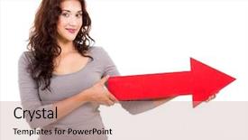  Presentation with direction - Cool new slides with arrows pointing - woman holding big direction arrow backdrop and a coral colored foreground