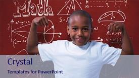  Presentation with geometric shapes - Slide deck consisting of arrows triangles - portrait of boy flexing muscles background and a sky blue colored foreground