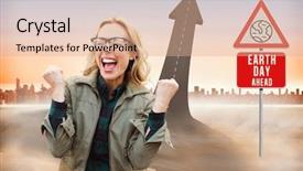  Presentation with road to excellence - Colorful presentation design enhanced with arrows triangles - pretty blonde cheering against road backdrop and a coral colored foreground