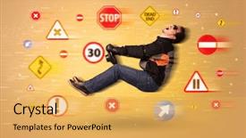  Presentation with road signs - Beautiful PPT layouts featuring arrows triangles - young driver with road signs backdrop and a yellow colored foreground