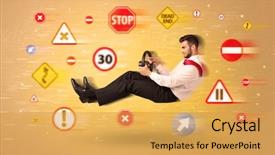  Presentation with road signs - Amazing presentation design having arrows triangles - young driver with road signs backdrop and a yellow colored foreground