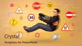  Presentation with road signs - Theme enhanced with arrows triangles - young driver with road signs background and a yellow colored foreground