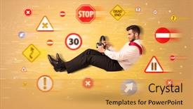  Presentation with road signs - PPT theme consisting of arrows triangles - young driver with road signs background and a  colored foreground