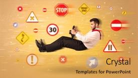  Presentation with road signs - Slide set having arrows triangles - young driver with road signs background and a  colored foreground