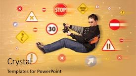  Presentation with road signs - Beautiful slide set featuring arrows triangles - young driver with road signs backdrop and a yellow colored foreground