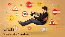  Presentation with road signs - Amazing slide set having arrows triangles - young driver with road signs backdrop and a yellow colored foreground
