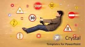  Presentation with road signs - Slide deck having arrows triangles - young driver with road signs background and a yellow colored foreground