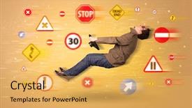  Presentation with road signs - Slide deck having arrows triangles - young driver with road signs background and a yellow colored foreground